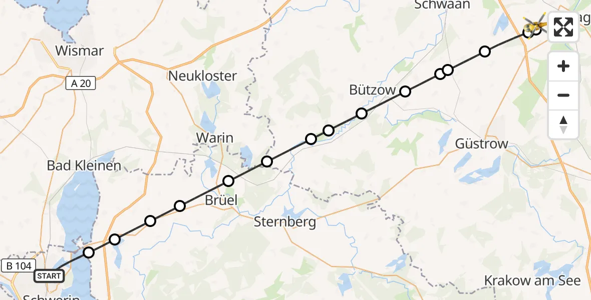 Flugroute Rettungshubschrauber Schwerin - Flughafen Rostock-Laage, 10 Juli 2026, 12:39