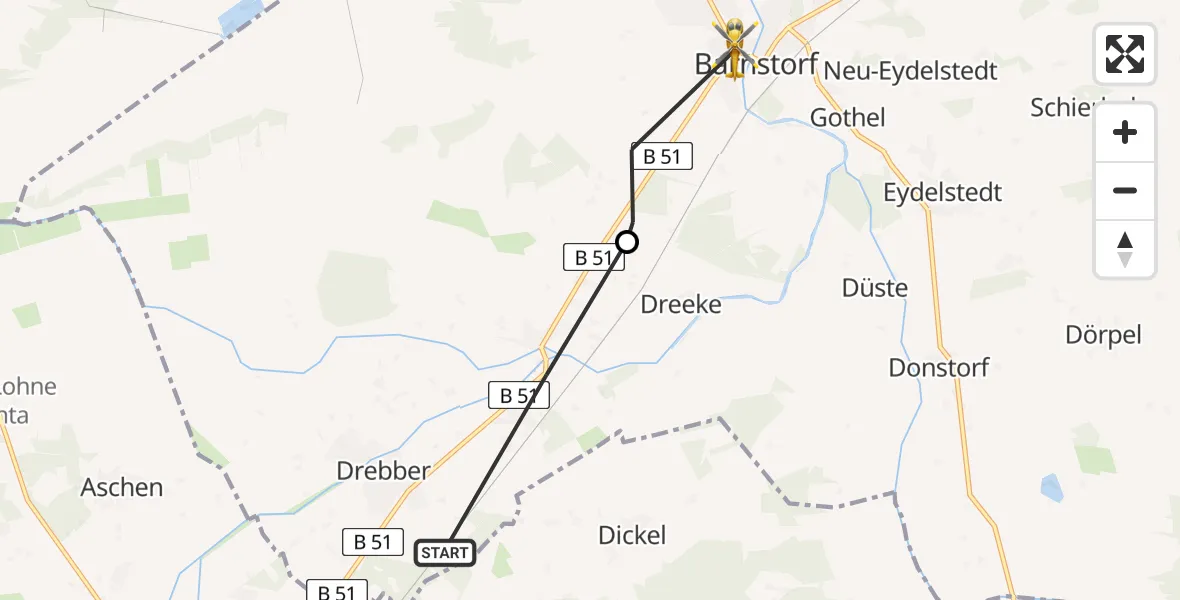 Flugroute Rettungshubschrauber Drebber - Barnstorf, 10 Juli 2026, 12:39
