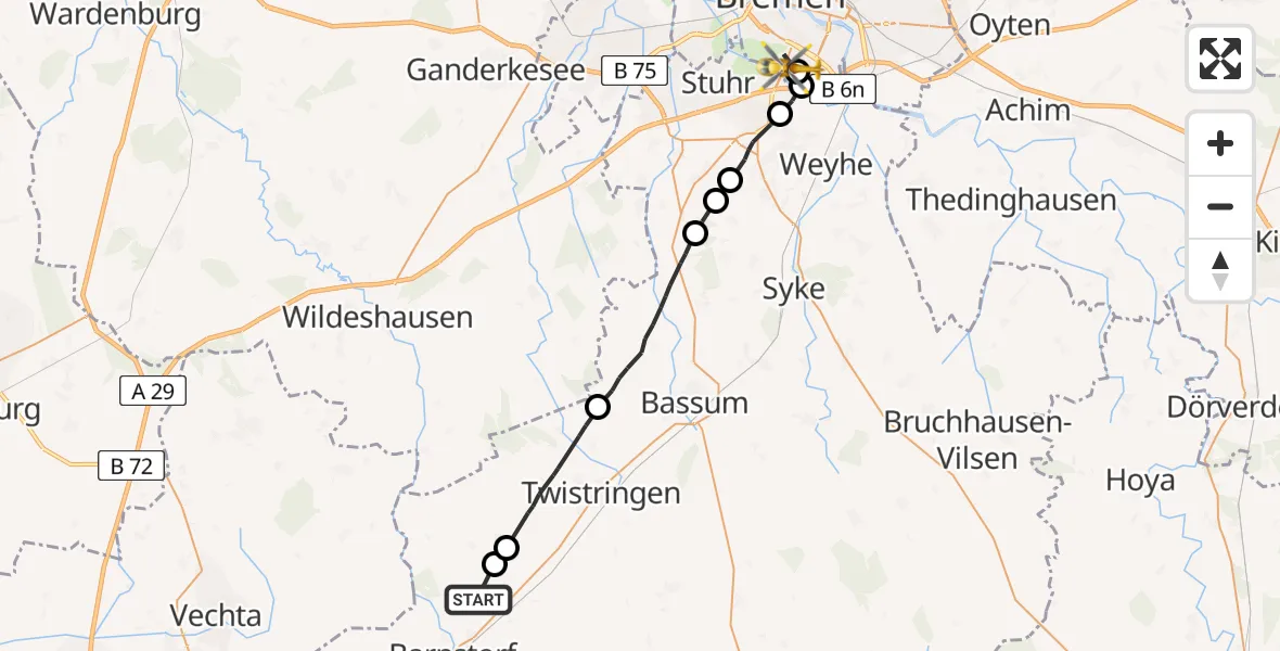 Flugroute Rettungshubschrauber Barnstorf - ADAC Air Rescue Station Bremen Hubschrauberlandeplatz (Christoph 6), 10 Juli 2026, 12:42