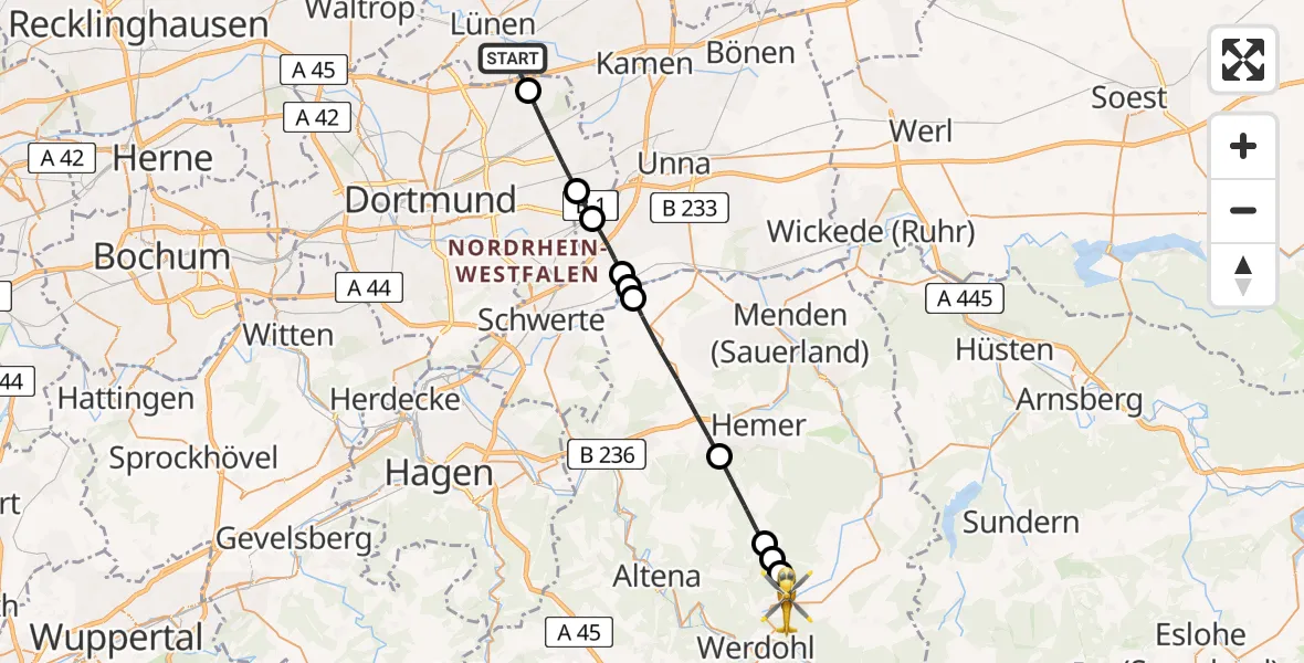 Flugroute Rettungshubschrauber Lünen - Neuenrade, 10 Juli 2026, 12:47