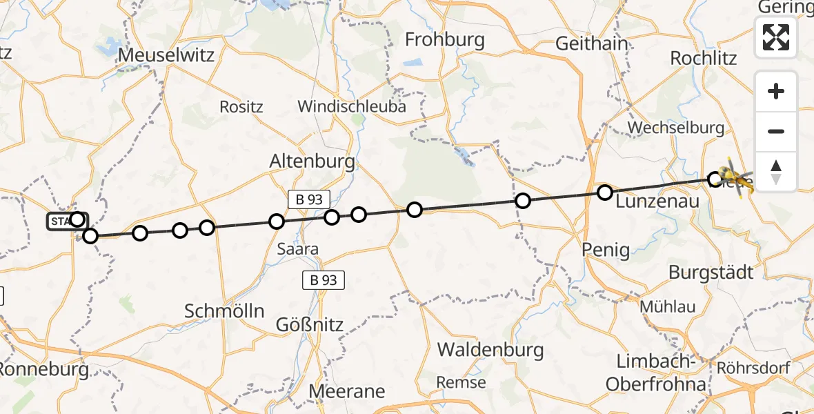 Flugroute Rettungshubschrauber Pölzig - Königshain-Wiederau, 10 Juli 2026, 12:47