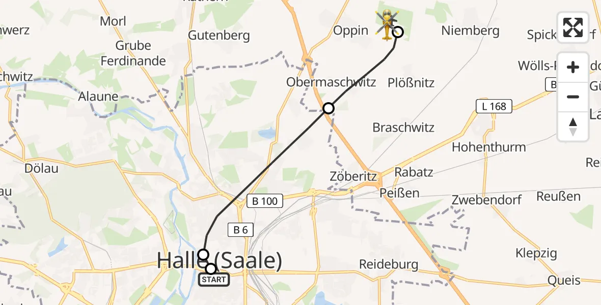 Flugroute Rettungshubschrauber Sankt Elisabeth and Sankt Barbara Hospital Halle (Saale) - Halle-Oppin Flugplatz, 10 Juli 2026, 12:48