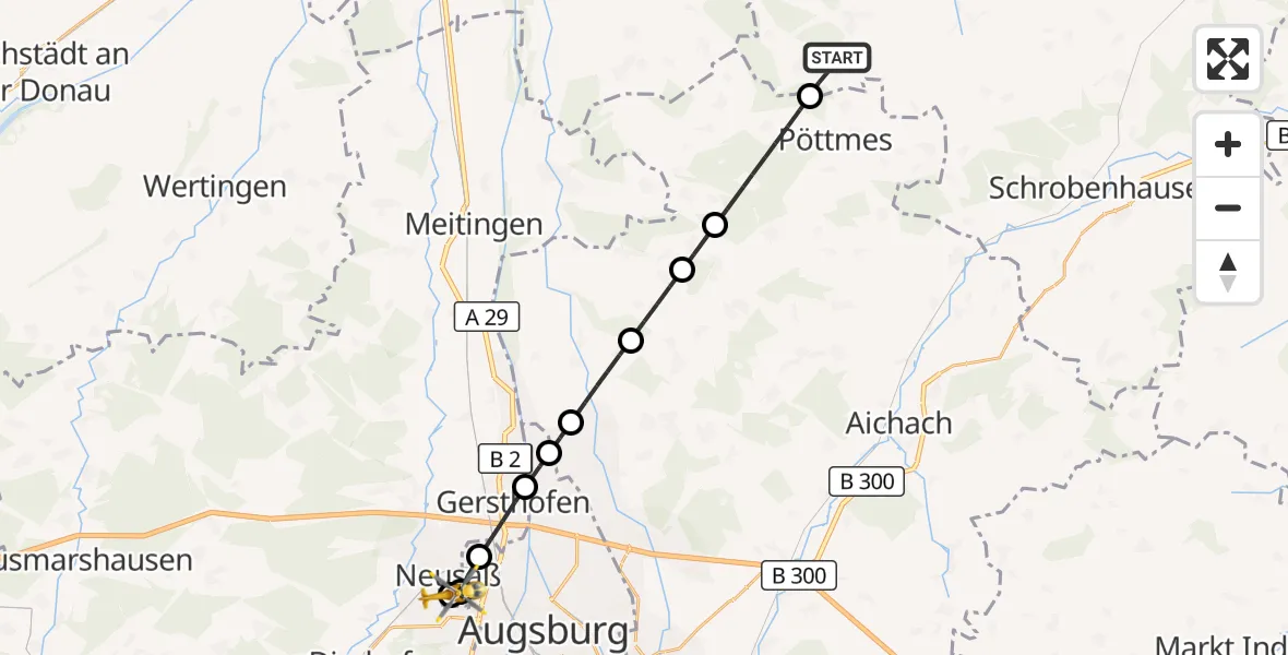 Flugroute Rettungshubschrauber Ehekirchen - Augsburg University Hospital, 10 Juli 2026, 12:50