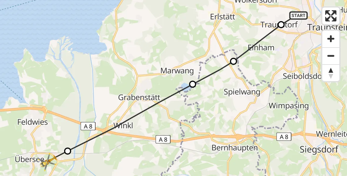 Flugroute Rettungshubschrauber Traunstein Hospital - Übersee, 10 Juli 2026, 12:51
