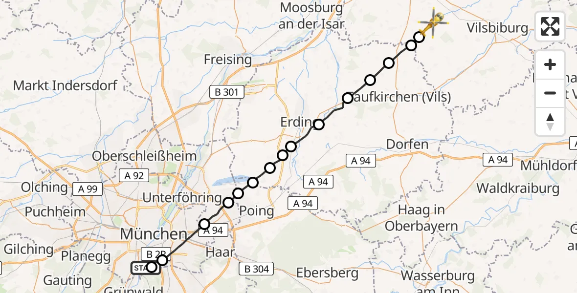 Flugroute Rettungshubschrauber ADAC Air Rescue Center Hubschrauberlandeplatz (Christoph 1) - Altfraunhofen, 10 Juli 2026, 12:54