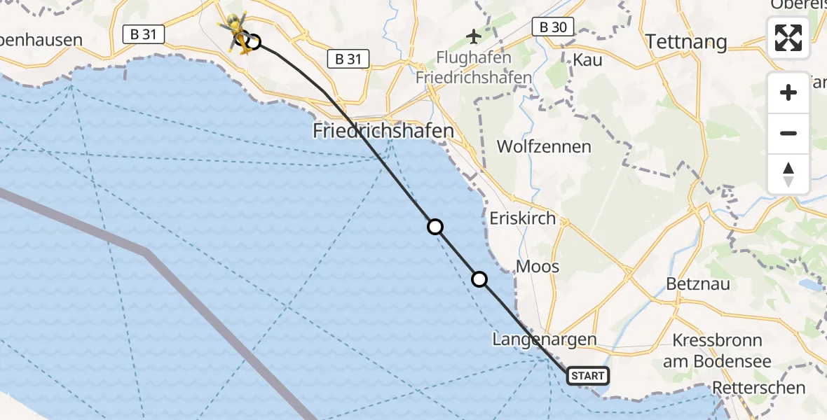 Flugroute Rettungshubschrauber Langenargen - Friedrichshafen Hospital, 10 Juli 2026, 12:56