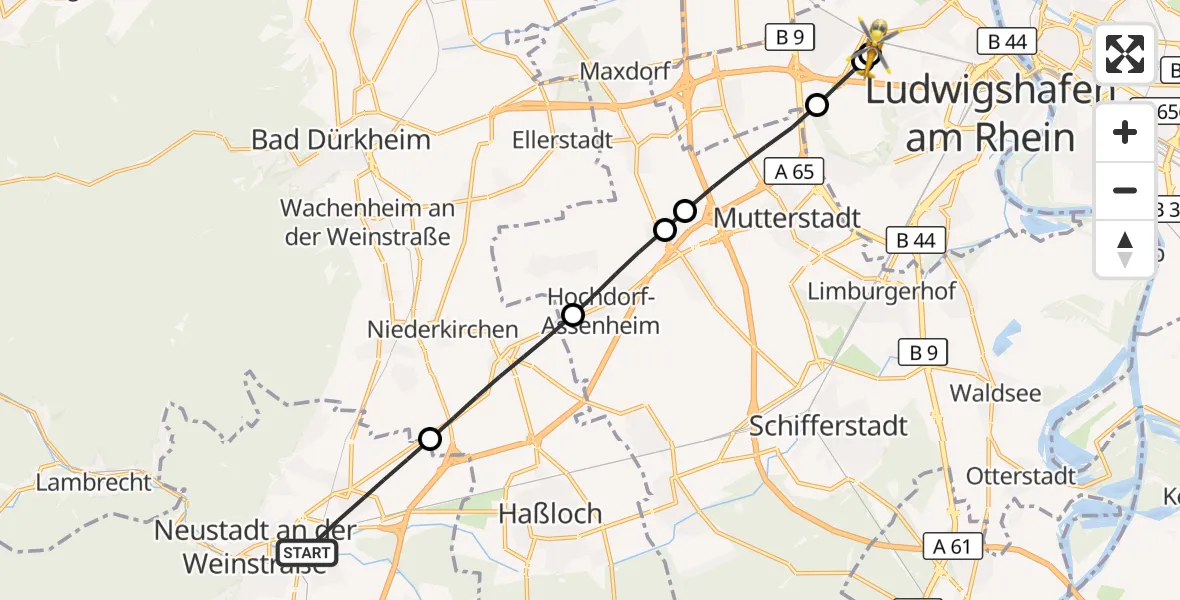 Flugroute Rettungshubschrauber Neustadt an der Weinstraße - Ludwigshafen Accident Hospital, 10 Juli 2026, 13:00