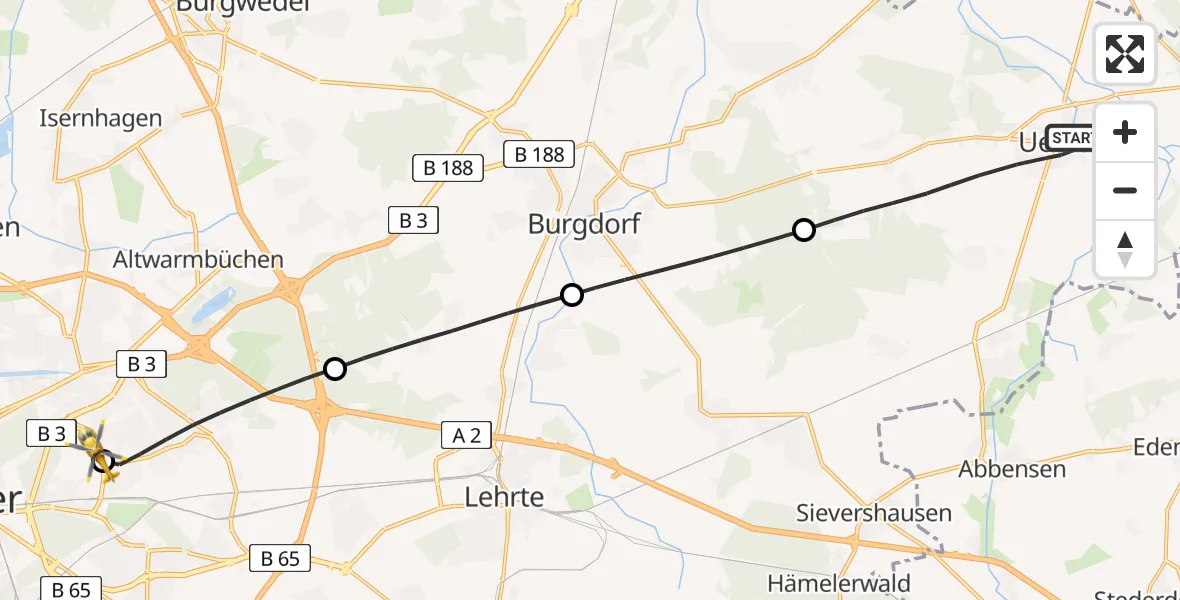 Flugroute Rettungshubschrauber Uetze - Hannover Luftrettung Hubschrauberlandeplatz (Christoph 4), 10 Juli 2026, 13:02