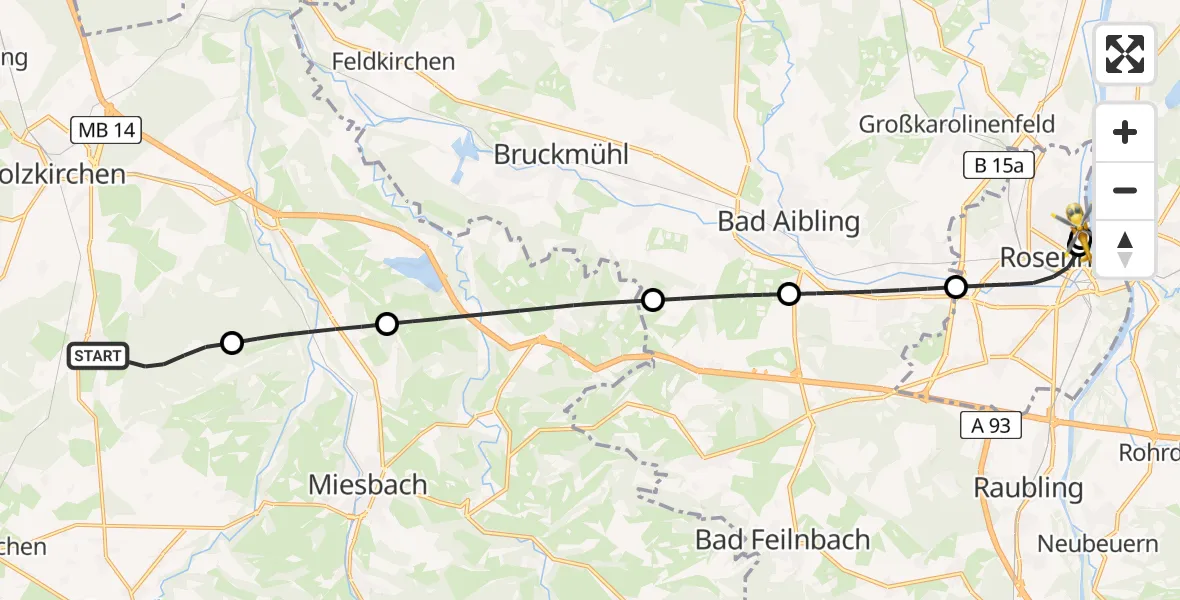 Flugroute Rettungshubschrauber Warngau - RoMed Hospital Rosenheim, 10 Juli 2026, 13:02