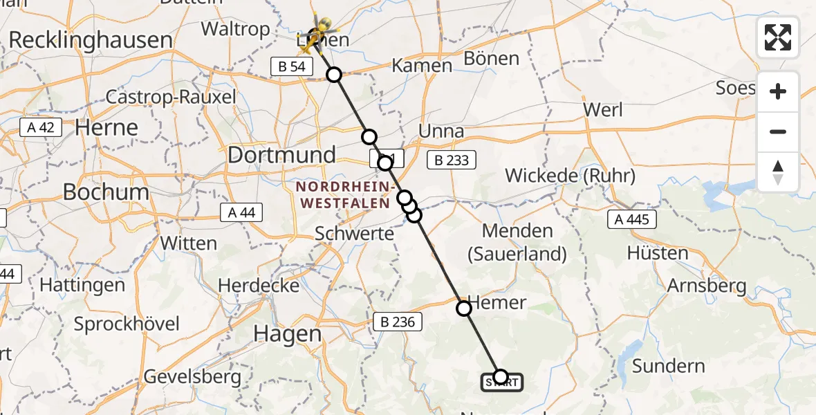 Flugroute Rettungshubschrauber Balve - Sankt Marien Hospital Hubschrauberlandeplatz, 10 Juli 2026, 13:12