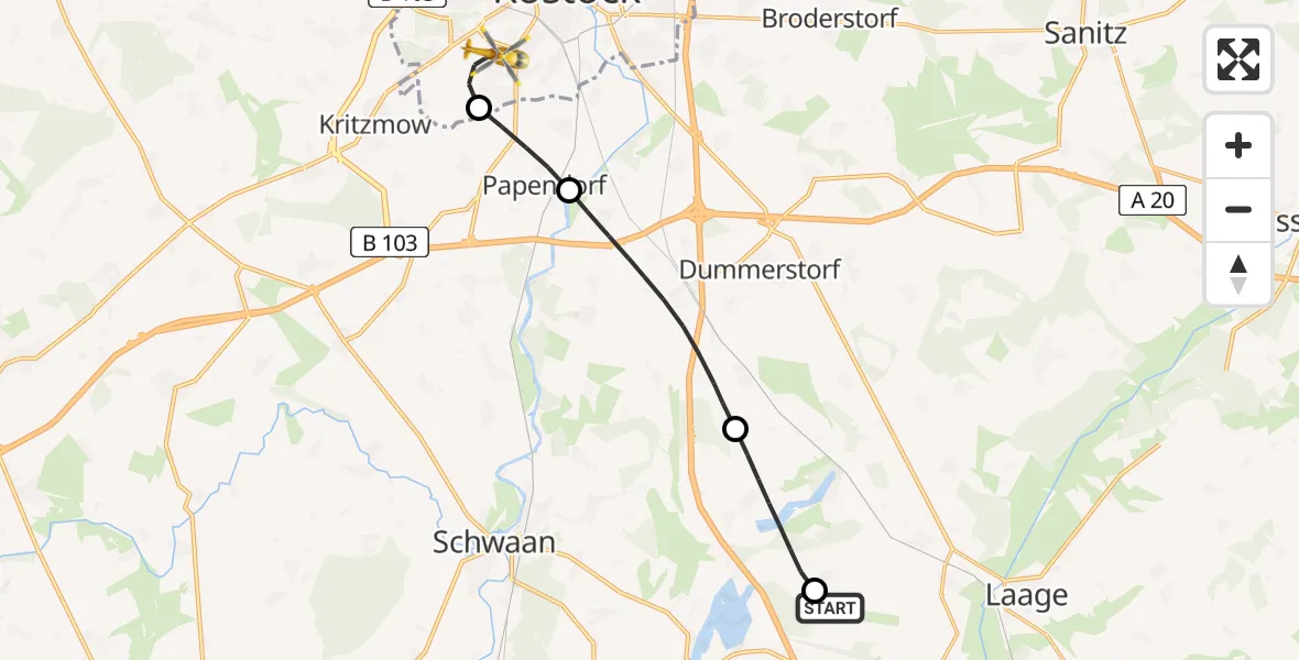 Flugroute Rettungshubschrauber Flughafen Rostock-Laage - Rostock, 10 Juli 2026, 13:13