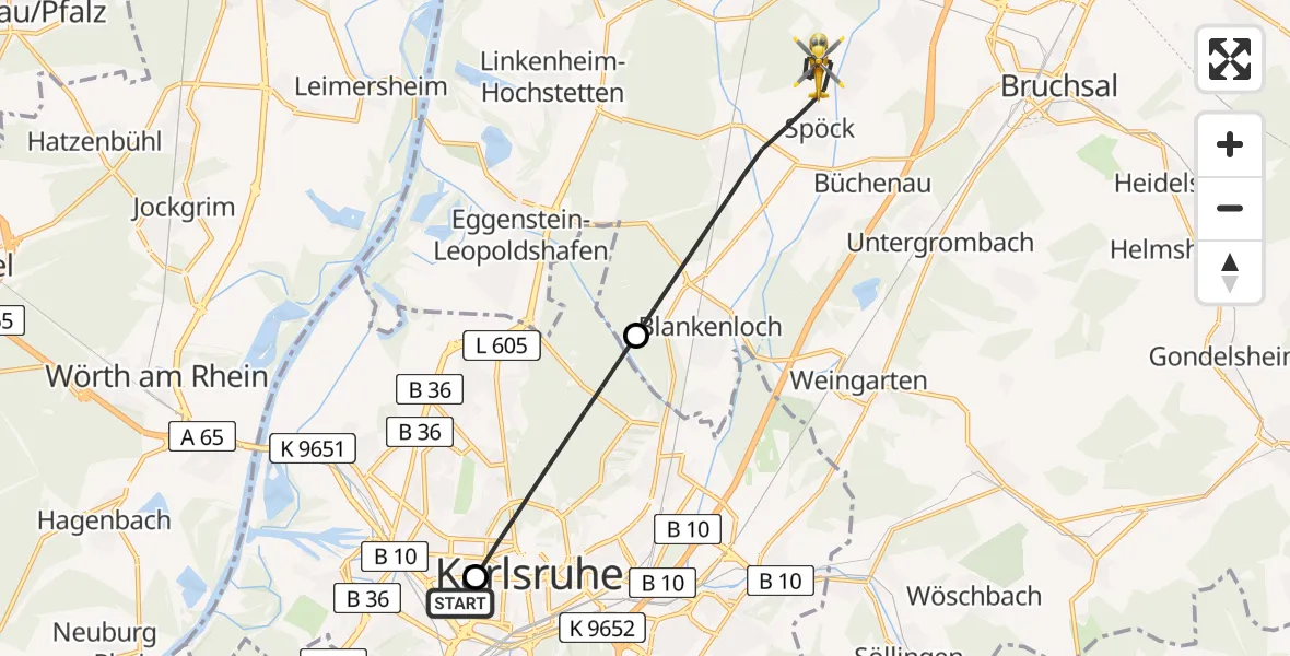 Flugroute Ambulanzhubschrauber Sankt Vincentius Hospital - Stutensee, 10 Juli 2026, 13:18