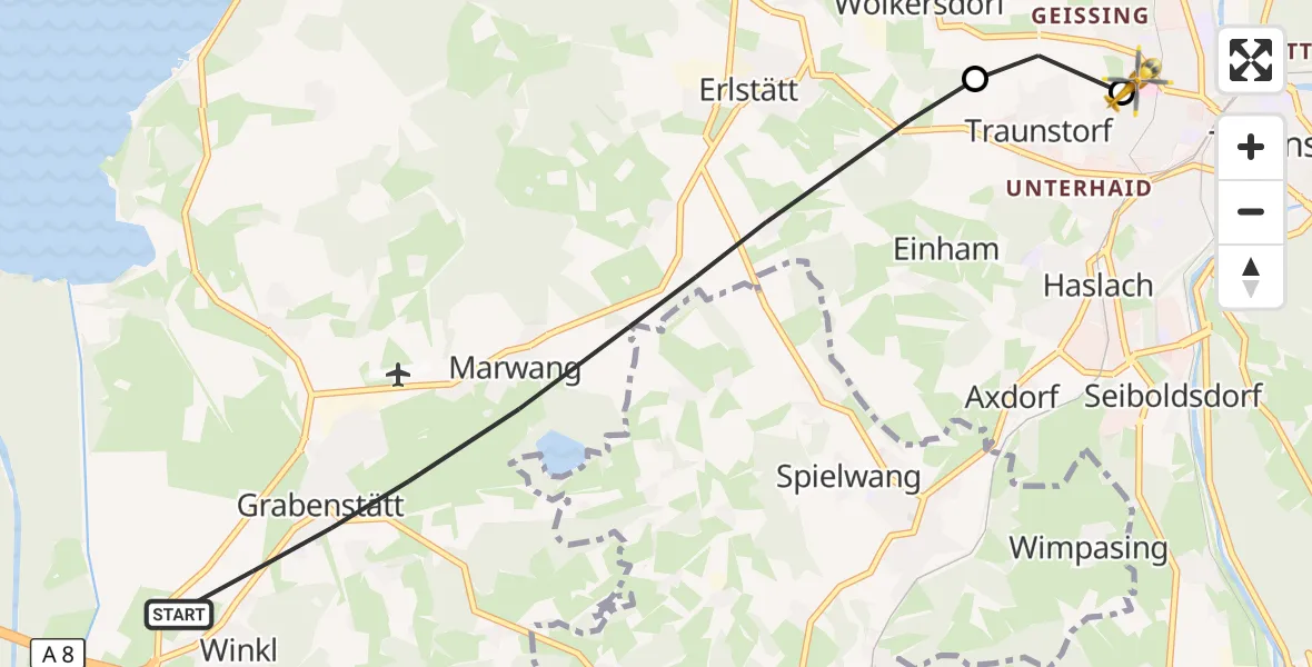 Flugroute Rettungshubschrauber Grabenstätt - Traunstein Hospital, 10 Juli 2026, 13:20