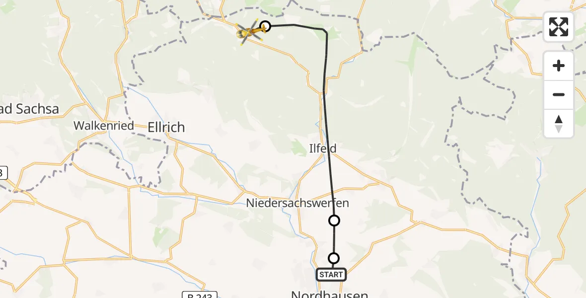 Flugroute Rettungshubschrauber Südharz Hospital Nordhausen - Ellrich, 10 Juli 2026, 13:23