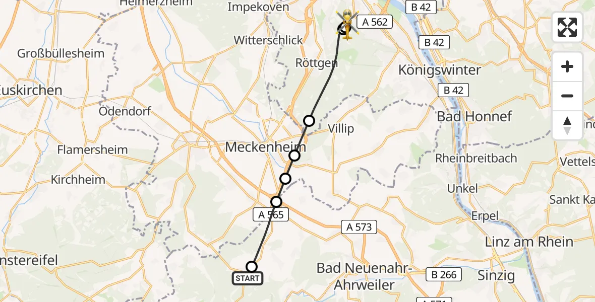 Flugroute Rettungshubschrauber Altenahr - Bonn University Hospital, 10 Juli 2026, 13:24