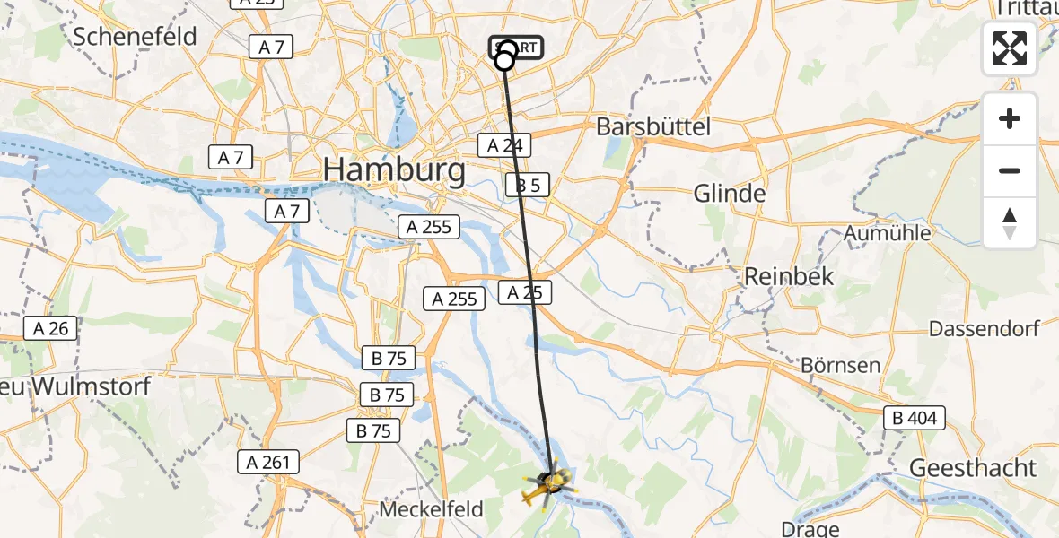 Flugroute Rettungshubschrauber Hamburg Military Hospital - Seevetal, 10 Juli 2026, 13:29