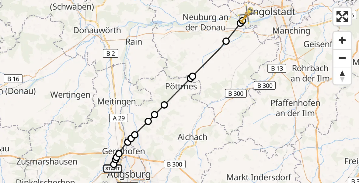 Flugroute Rettungshubschrauber Augsburg University Hospital - Ingolstadt, 10 Juli 2026, 13:33