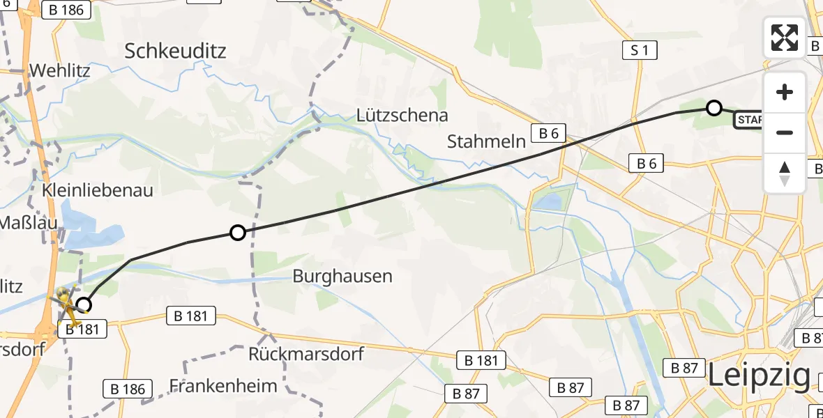 Flugroute Rettungshubschrauber Sankt Georg Hospital Leipzig Reserve - ADAC Air Rescue Station Leipzig/Schkeuditz-Dölzig Hubschrauberlandeplatz (Christoph 61), 10 Juli 2026, 13:36