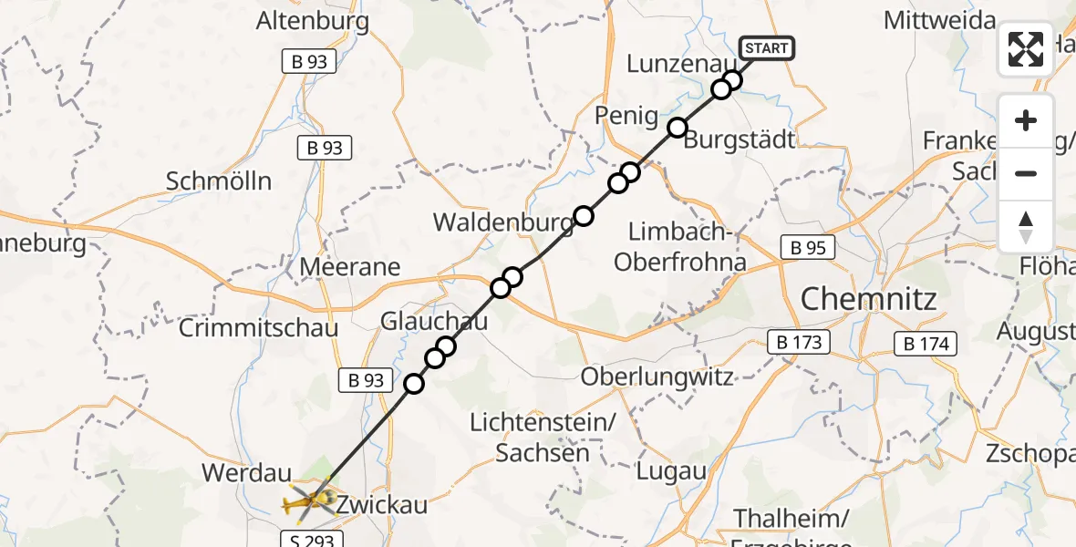Flugroute Rettungshubschrauber Königshain-Wiederau - ADAC Air Rescue Station Zwickau Hubschrauberlandeplatz, 10 Juli 2026, 13:41