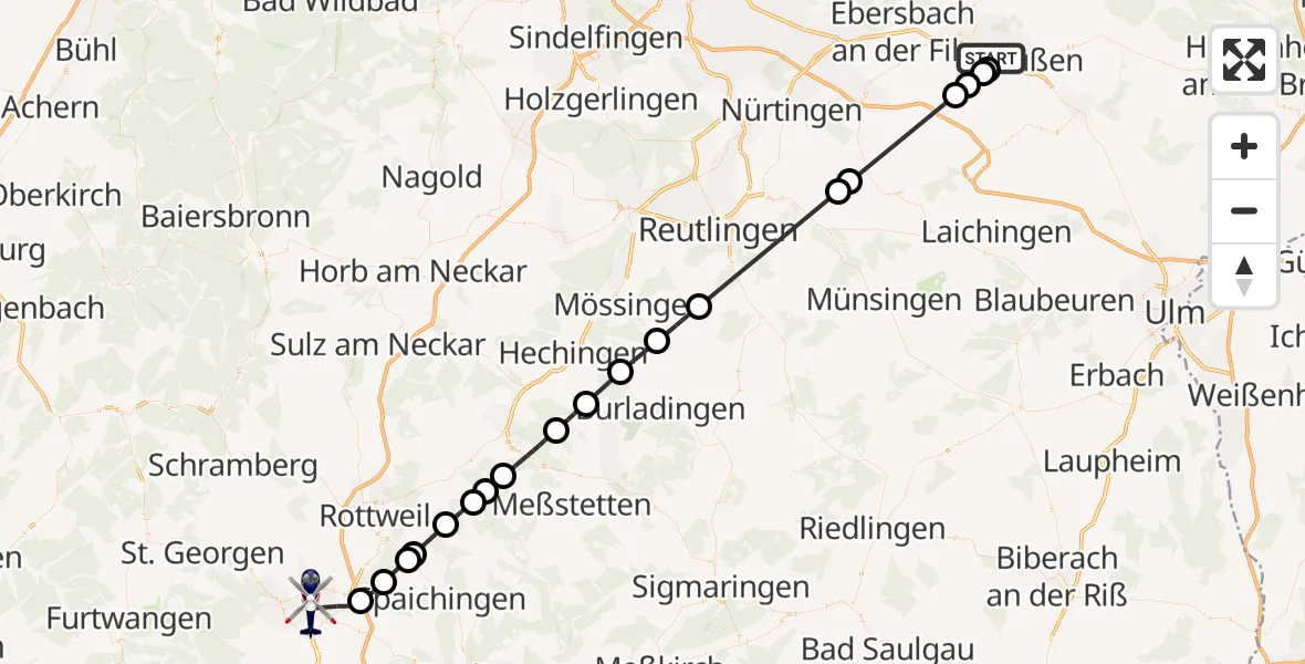 Flugroute Polizeihubschrauber Göppingen - Villingen-Schwenningen, 10 Juli 2026, 13:46