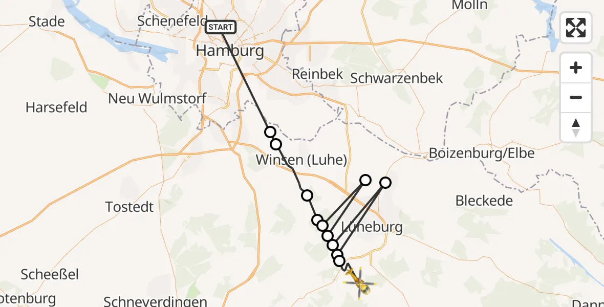 Flugroute Rettungshubschrauber Universitätsklinikum Hamburg-Eppendorf Hubschrauberlandeplatz - Barnstedt, 10 Juli 2026, 13:54