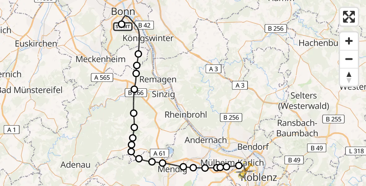 Flugroute Rettungshubschrauber Bonn University Hospital - Koblenz, 10 Juli 2026, 14:00