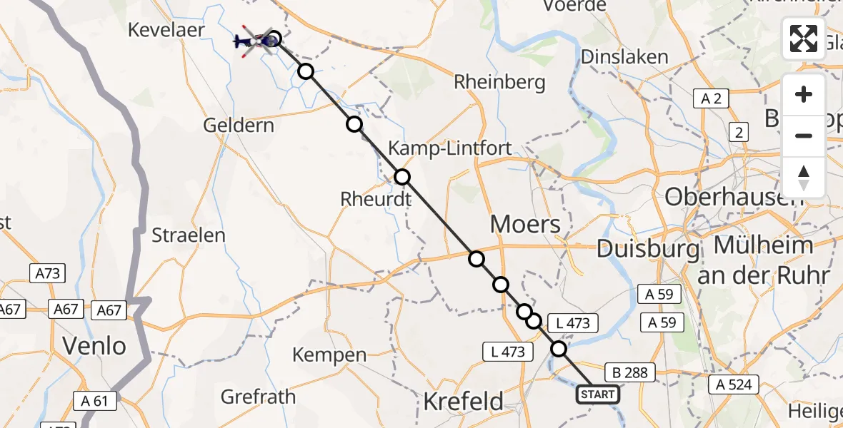 Flugroute Polizeihubschrauber Duisburg - Kevelaer, 10 Juli 2026, 14:00