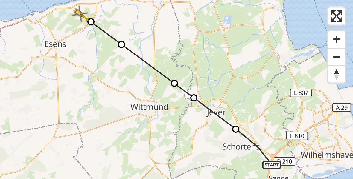 Flugroute Rettungshubschrauber Schortens - Neuharlingersiel, 10 Juli 2026, 14:00