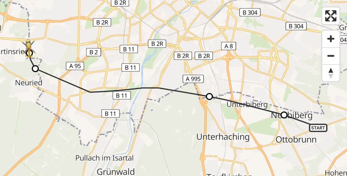 Flugroute Rettungshubschrauber Ottobrunn - DRF Air Rescue München Hubschrauberlandeplatz, 10 Juli 2026, 14:00