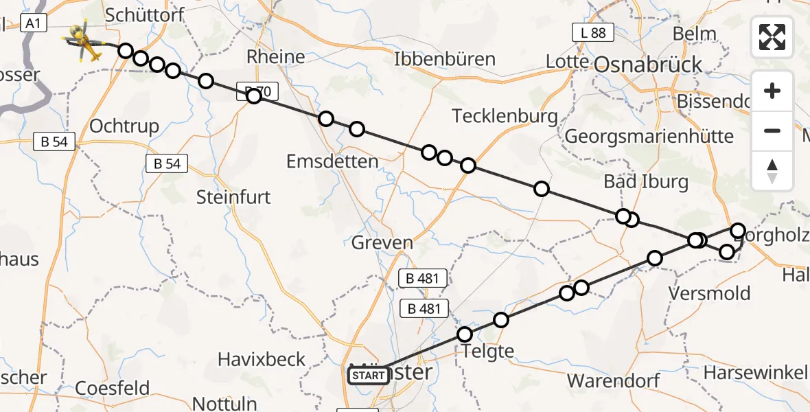 Flugroute Rettungshubschrauber Münster - Bad Bentheim, 10 Juli 2026, 14:09