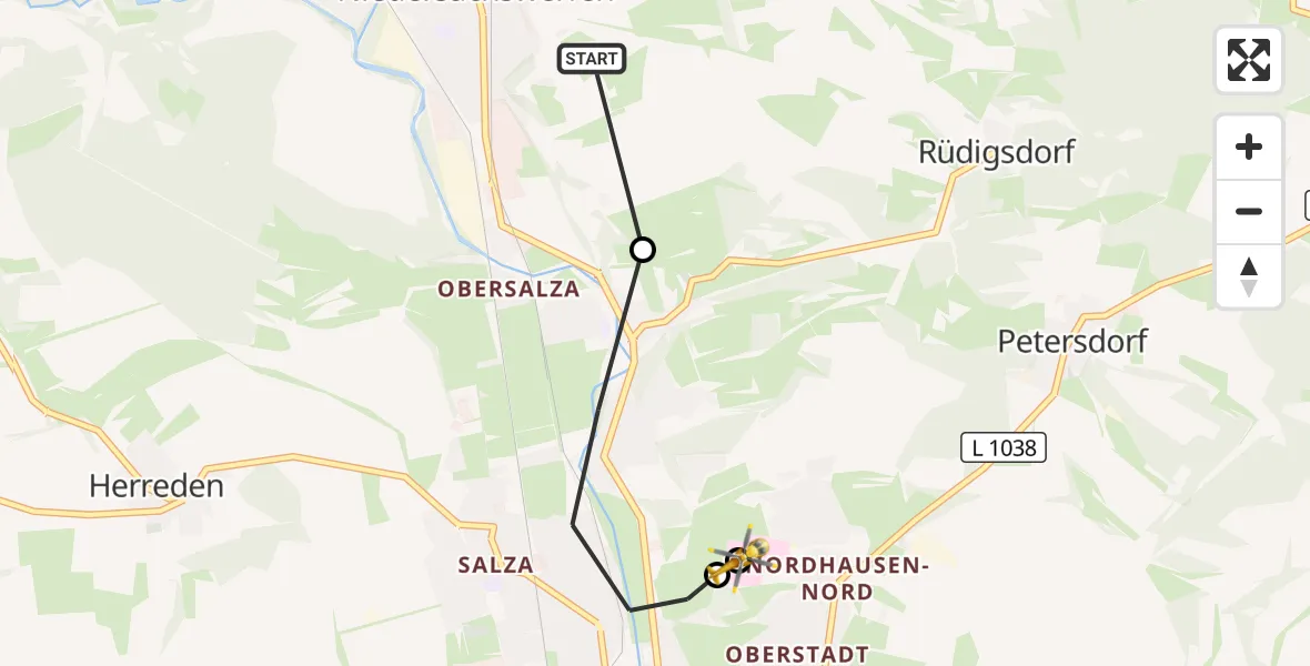 Flugroute Rettungshubschrauber Harztor - Südharz Hospital Nordhausen, 10 Juli 2026, 14:11