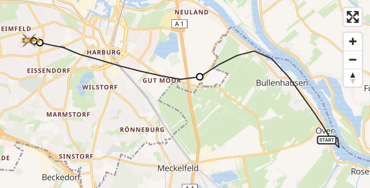 Flugroute Rettungshubschrauber Seevetal - Asklepios Hospital Harburg, 10 Juli 2026, 14:12