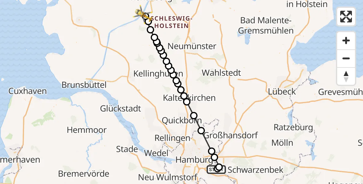 Flugroute Ambulanzhubschrauber Christoph Hansa ADAC Hubschrauberlandeplatz - Hörsten, 10 Juli 2026, 14:15