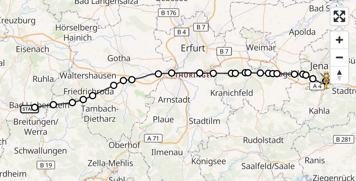 Flugroute Ambulanzhubschrauber Barchfeld-Immelborn - Jena University Hospital, 10 Juli 2026, 14:15
