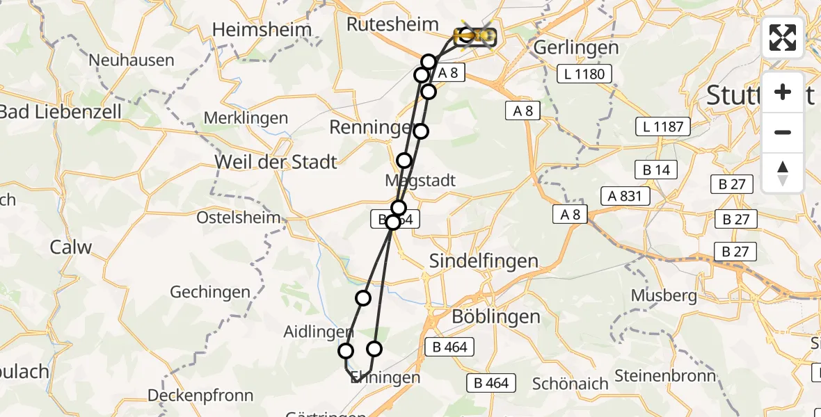 Flugroute Rettungshubschrauber Leonberg Hospital - Leonberg Hospital, 10 Juli 2026, 14:18