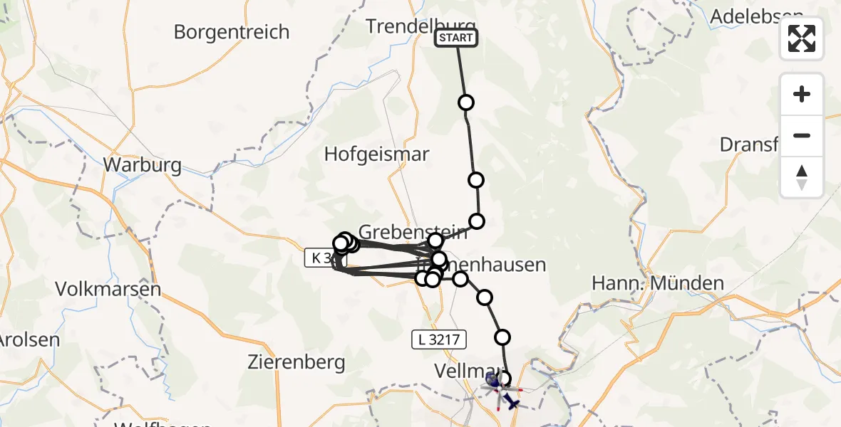 Flugroute Polizeihubschrauber Trendelburg - Fuldatal, 10 Juli 2026, 14:19