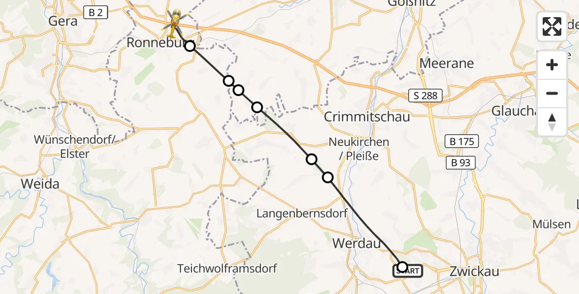 Flugroute Rettungshubschrauber ADAC Air Rescue Station Zwickau Hubschrauberlandeplatz - Ronneburg, 10 Juli 2026, 14:23