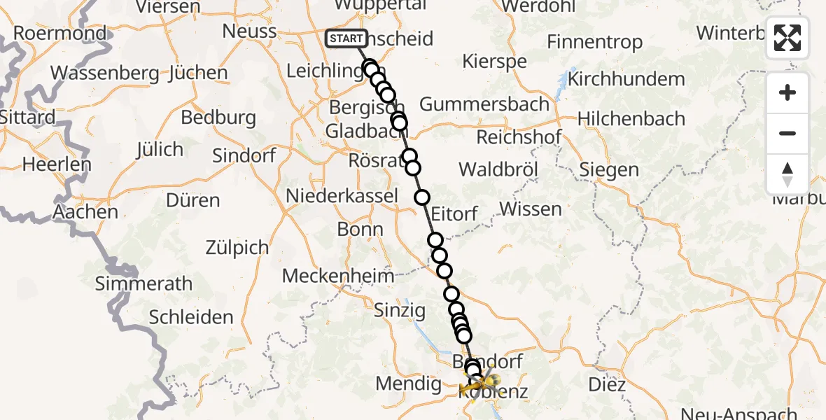 Flugroute Rettungshubschrauber Solingen - Koblenz, 10 Juli 2026, 14:25