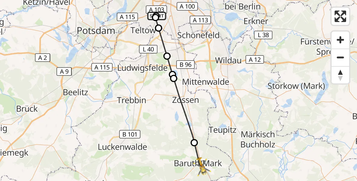 Flugroute Rettungshubschrauber Charité Clinic Benjamin Franklin Campus - Baruth/Mark, 10 Juli 2026, 14:26