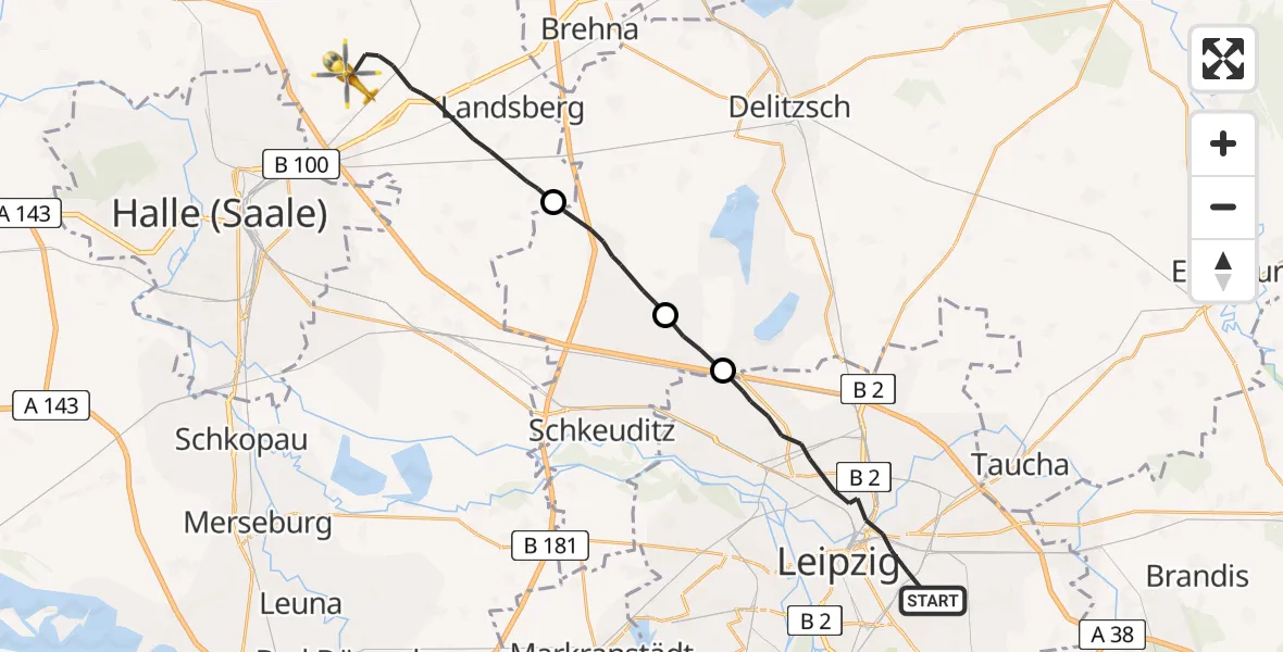 Flugroute Rettungshubschrauber Leipzig - Landsberg, 10 Juli 2026, 14:27