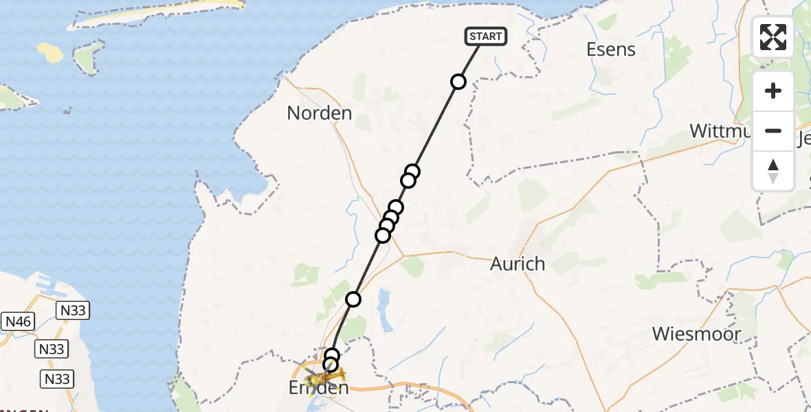 Flugroute Rettungshubschrauber Dornum - Emden, 10 Juli 2026, 14:28