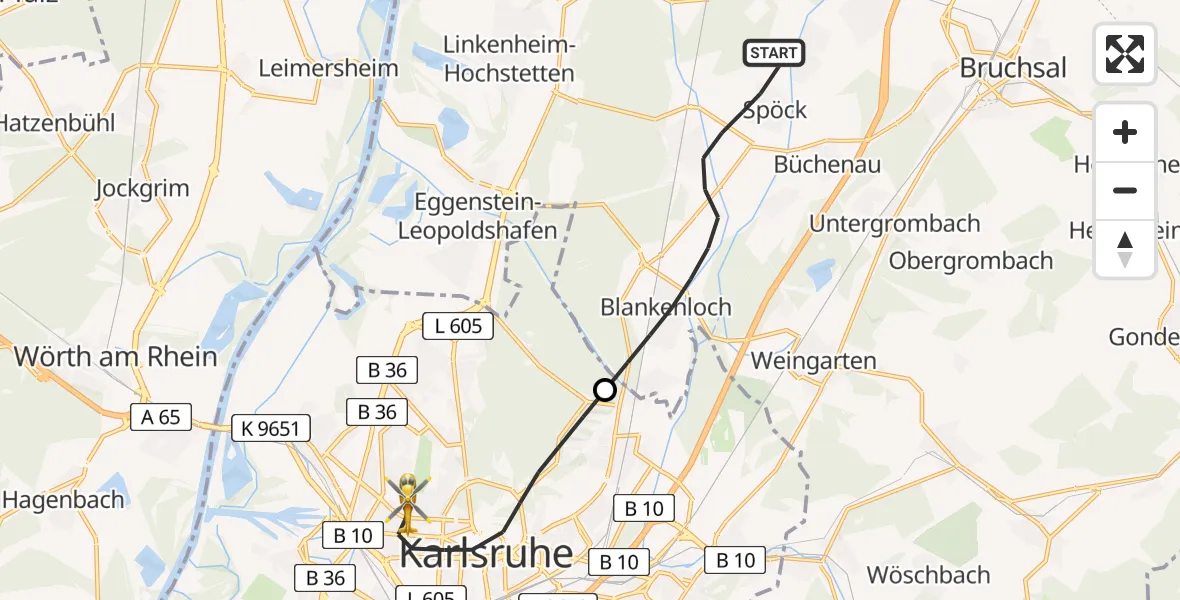 Flugroute Ambulanzhubschrauber Stutensee - Karlsruhe, 10 Juli 2026, 14:32