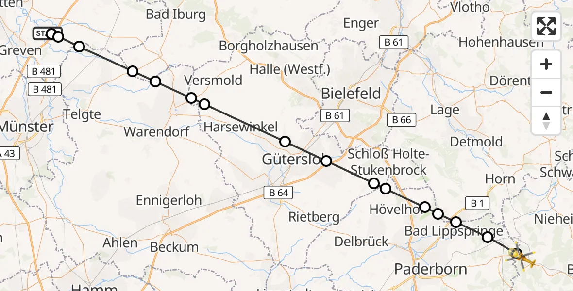 Flugroute Ambulanzhubschrauber Christoph  Westfalen-ADAC - Bad Driburg, 10 Juli 2026, 14:33
