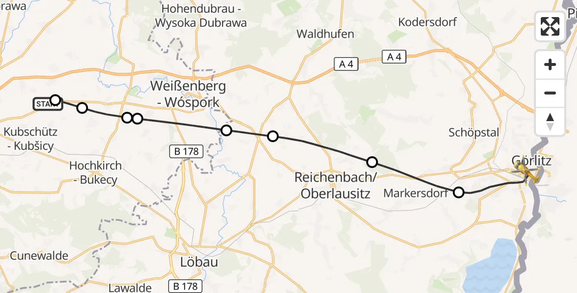 Flugroute Rettungshubschrauber Bautzen Flugplatz - Görlitz, 10 Juli 2026, 14:36