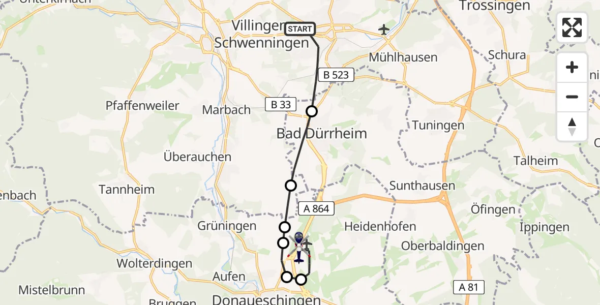 Flugroute Polizeihubschrauber Villingen-Schwenningen - Donaueschingen-Villingen Flugplatz, 10 Juli 2026, 14:38
