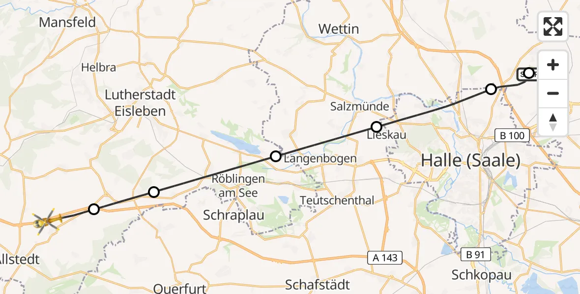 Flugroute Rettungshubschrauber Halle-Oppin Flugplatz - Allstedt, 10 Juli 2026, 14:50