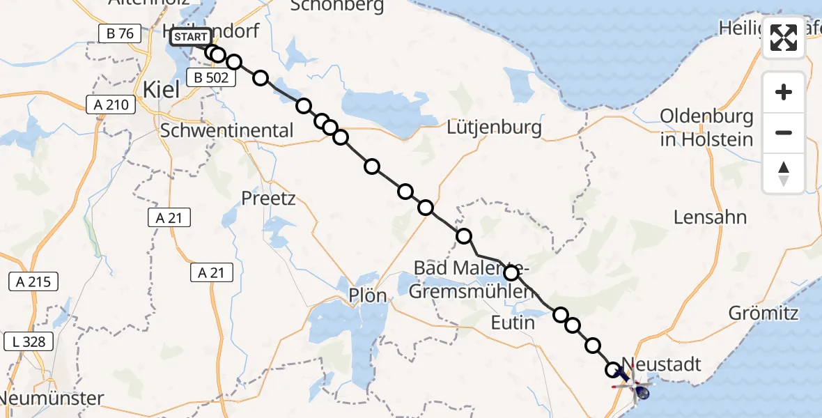 Flugroute Polizeihubschrauber Heikendorf - Sierksdorf, 10 Juli 2026, 14:51