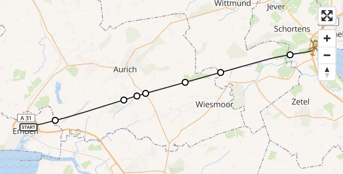 Flugroute Rettungshubschrauber Emden - Sande, 10 Juli 2026, 14:55