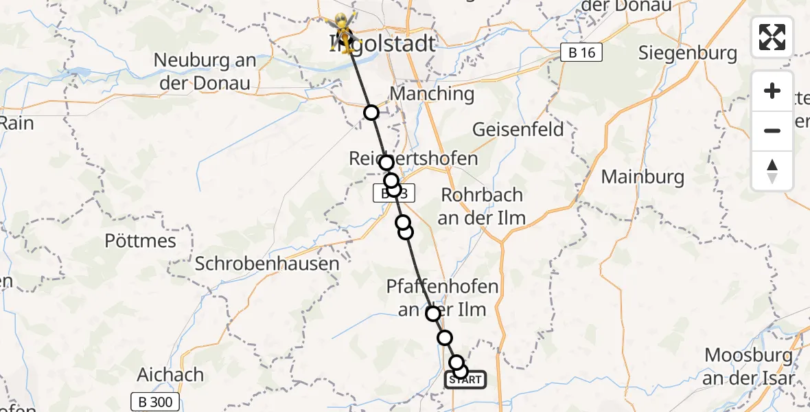 Flugroute Rettungshubschrauber Hohenkammer - Ingolstadt Hospital, 10 Juli 2026, 14:55