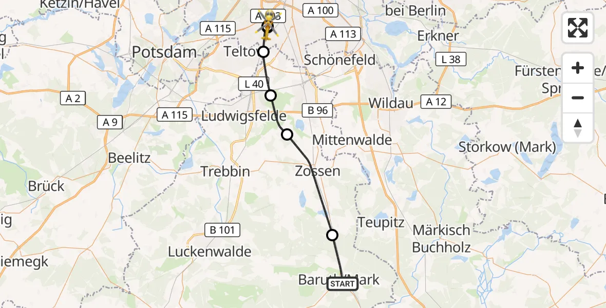 Flugroute Rettungshubschrauber Baruth/Mark - Charité Clinic Benjamin Franklin Campus, 10 Juli 2026, 14:56